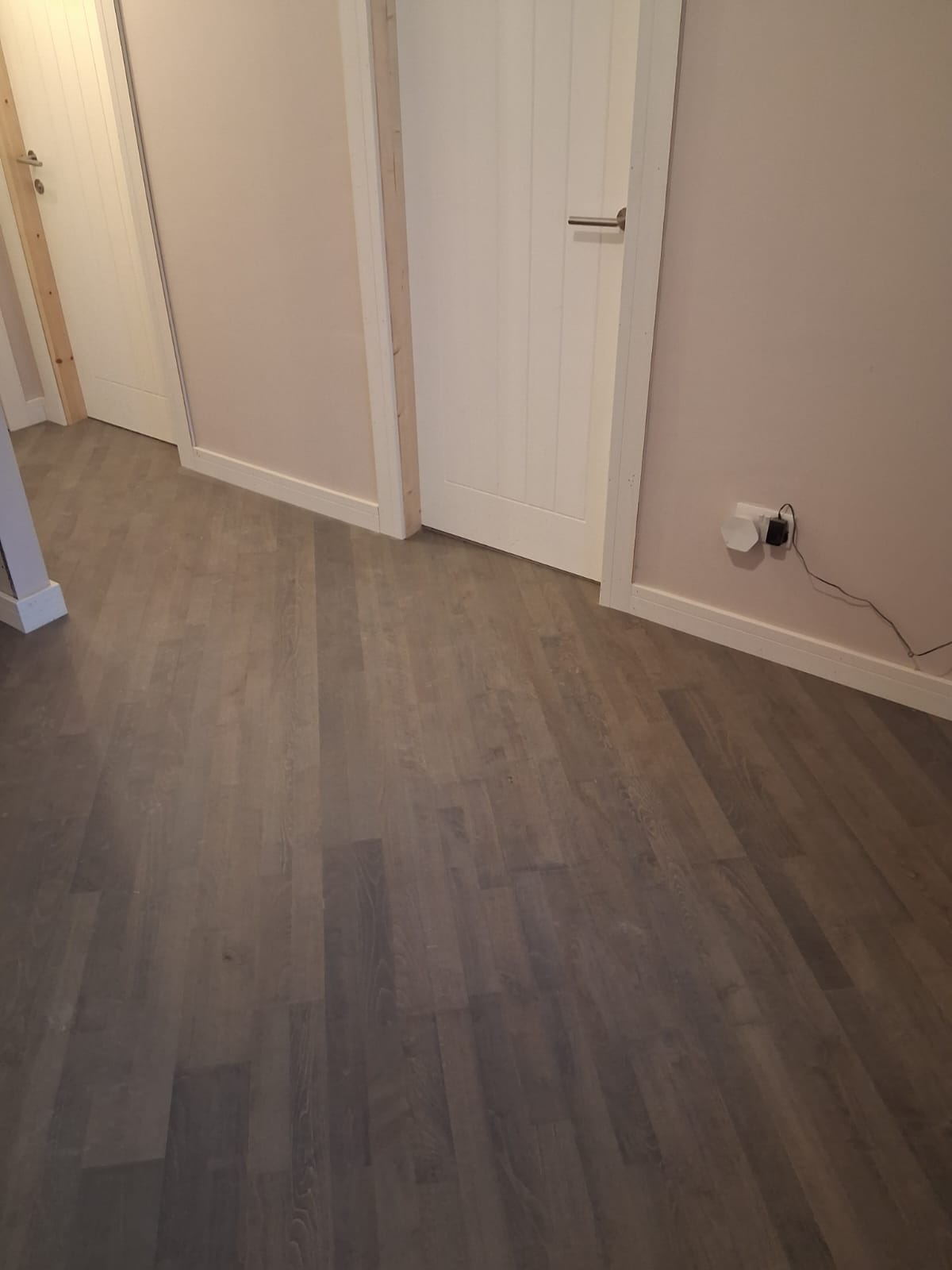 Grey-brown hardwood floor laid on the diagonal past two white panelled doors with white skirting boards